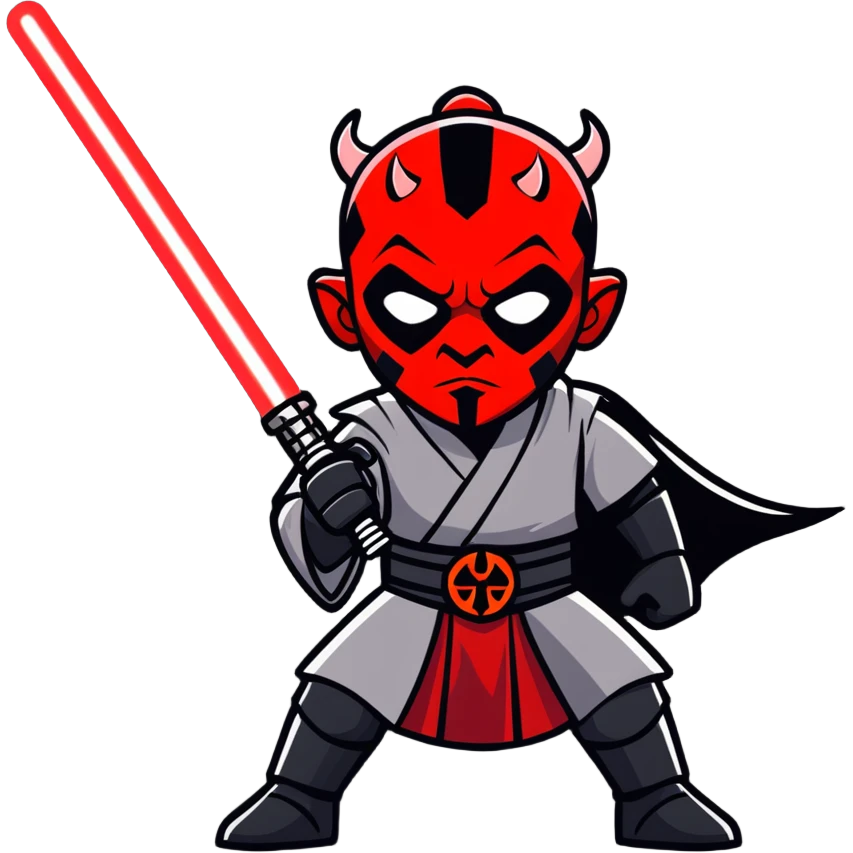 Darth Maul with double red lightsaber, inspired by The Phantom Menace, cartoon sticker style emoji