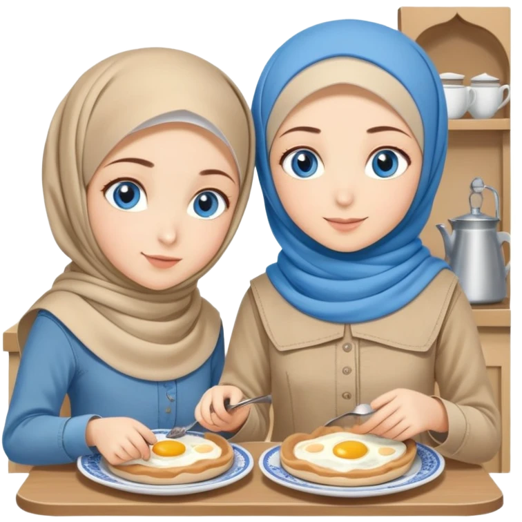 Turkish beautiful finish Konya two girls blue eyes with beige denim hijab islamic dress and make breakfast in breakfast house  emoji