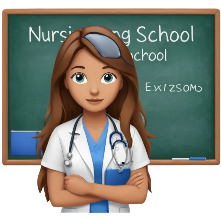 inside a classroom at university that says nursing school on the board with a pretty female nursing student with long brown hair, blue eyes emoji