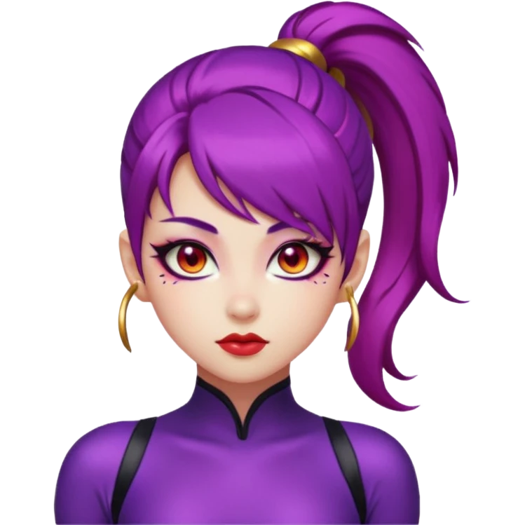 fierce K-pop warrior girl emoji face with sleek violet hair in a high ponytail, glowing red almond-shaped eyes, bold eyeliner, calm but intense expression emoji