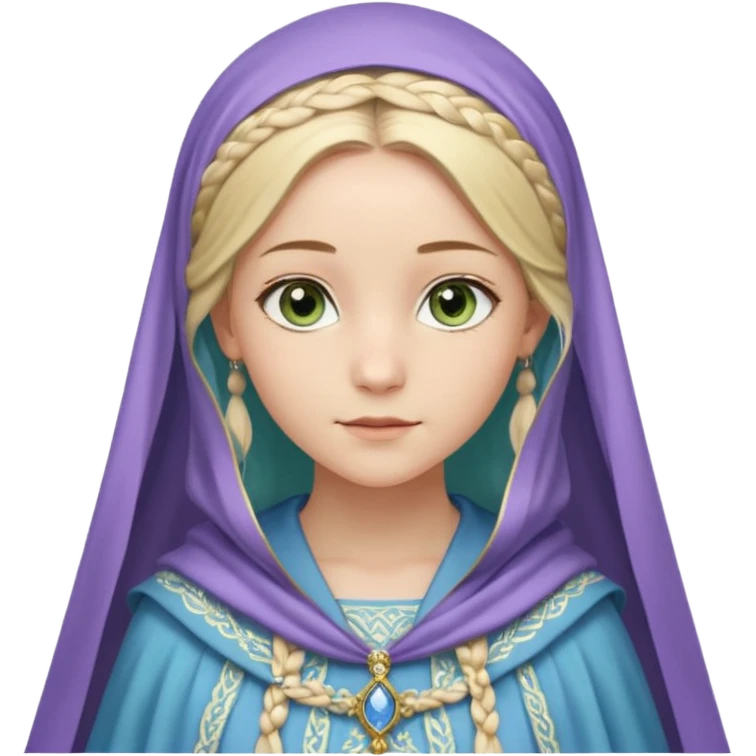Joven de unos 30 años, de aspecto dulce y elegante.
Piel clara, ojos (pueden ser azules o verdes)
Rubio o castaño claro, largo, con trenzas o velo.
Vestido largo de tonos suaves (blanco, azul o lavanda), con bordados dorados; un manto o toca fina cubriendo la cabeza. Haz todo el cuerpo emoji