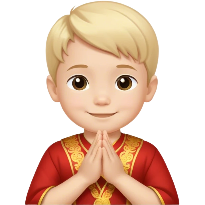 Cute 5-year-old fair-skinned boy, hands clasped together in Thai style, looking at the camera and smiling slightly emoji