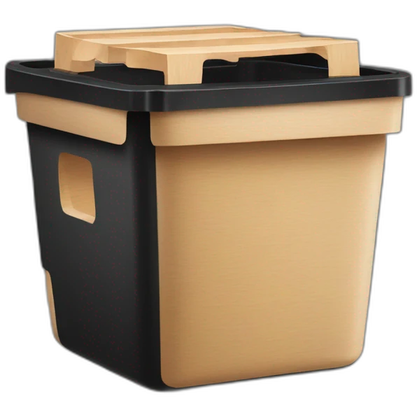 Black cubic plastic container with wood shavings inside, and a white tube with three branches at the top  emoji