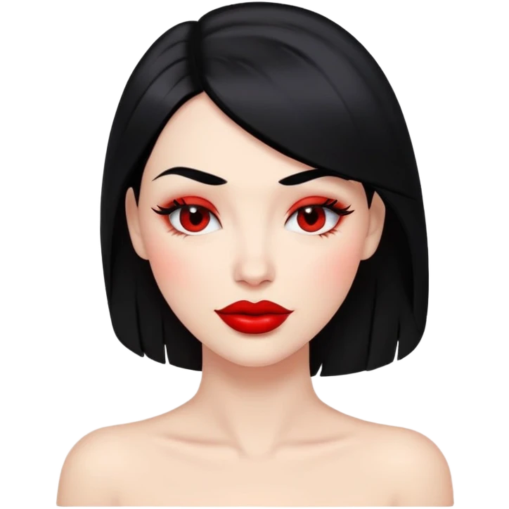 female face with black eyes, black hair at neck level, full red lips, winking emoji
