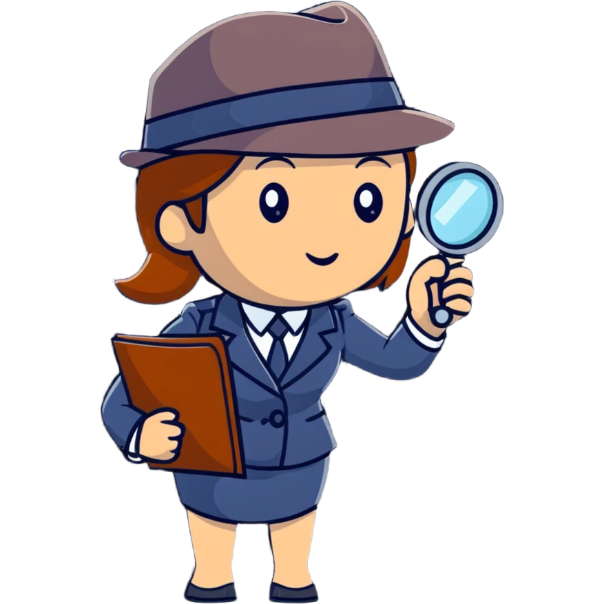 businesswoman with a detective hat and magnifying glass, looking closely at something emoji