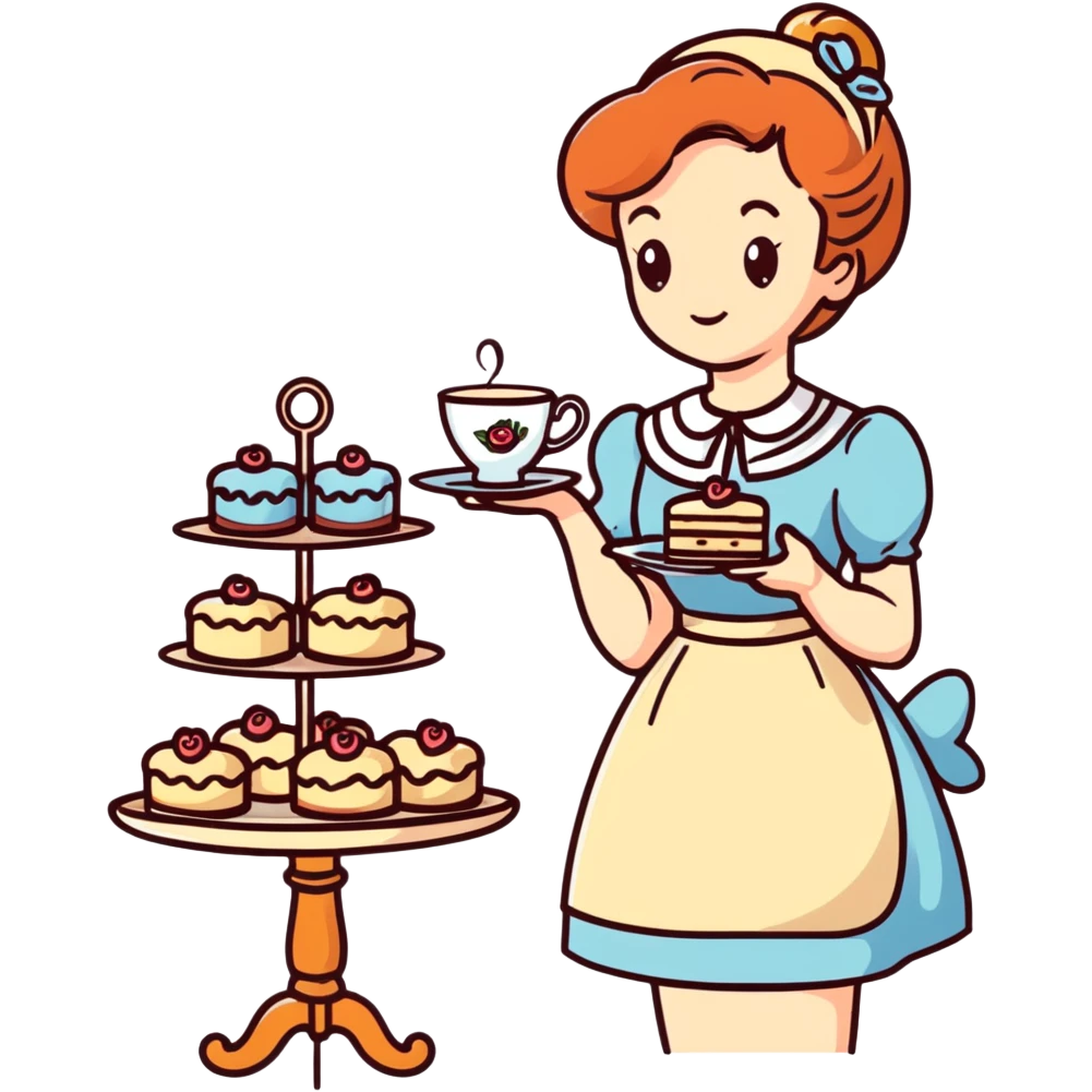Charming British girl in vintage dress having afternoon tea with fancy teacup, scones and cake stand emoji