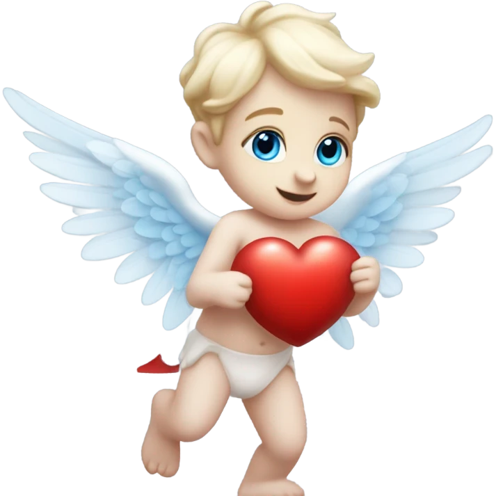 Realistic Photo of flying pale cupid with blue eyes and red heart arrow  emoji