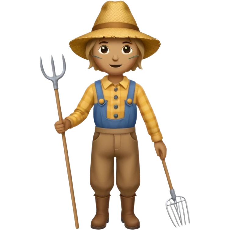 Scarecrow, straw hat, and a rake tucked in one arm, body on stick emoji