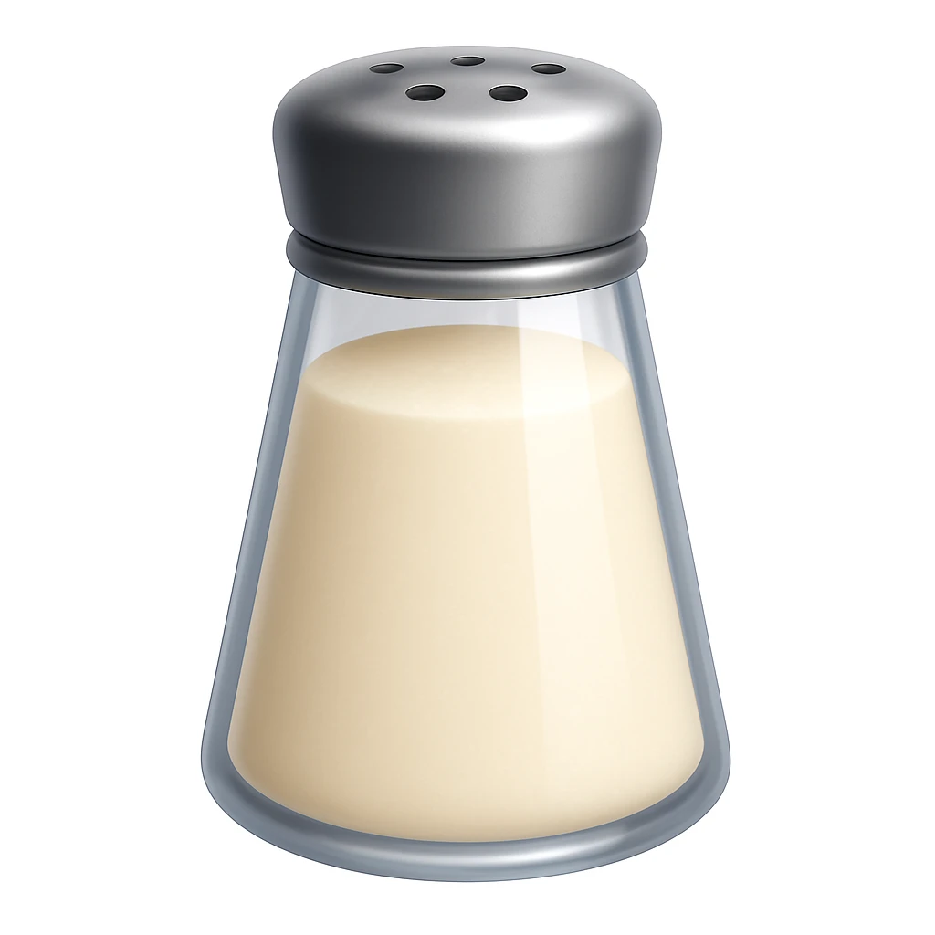 Keep the image exactly the same, just add salt shaker holes to the top of the metallic lid. The style is iOS emoji style, 3D, shiny, smooth gradients, soft shadows, realistic salt shaker shape, no face. Add a subtle highlight to the glass. emoji