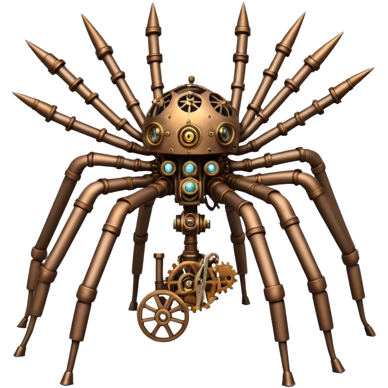 Eight Legged mechanical walking machine made of steel with people riding aboard. Is very steampunk emoji