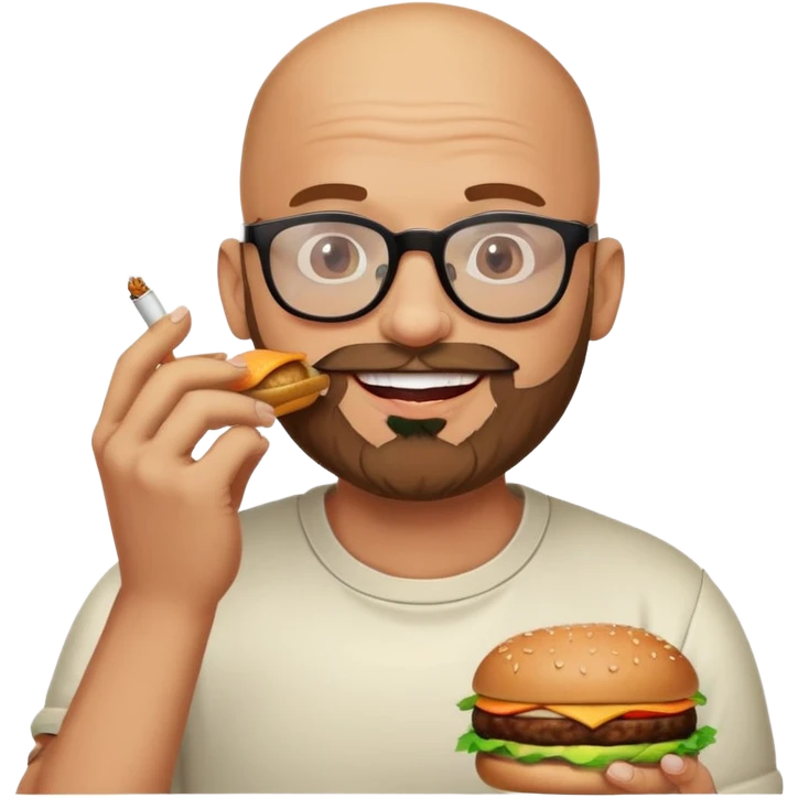 Happy bald man with beard and glasses eating a burger and smoking weed emoji