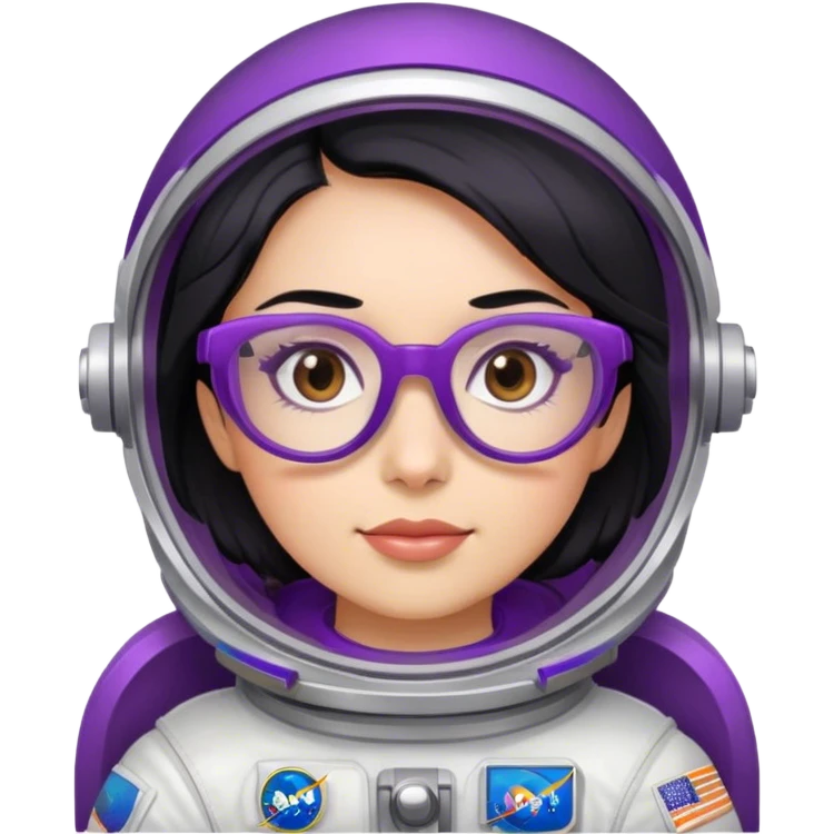 female astronaut with black hair brown eyes and purple glasses emoji