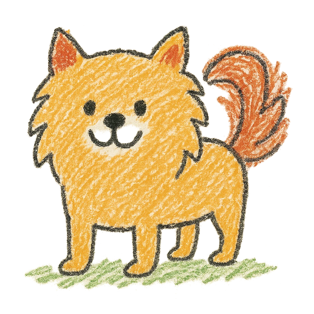 Pomeranian dog, children doodle style, simple lines, playful and friendly emoji