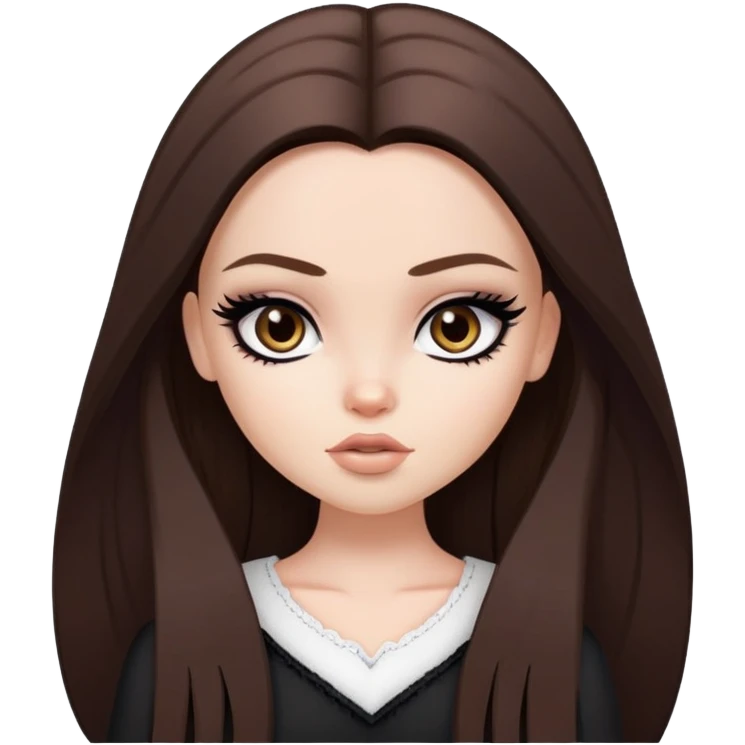 straight long brown hair, pale skin skin, dark brown eyes, pretty bratz baddie, black eyeliner emoji