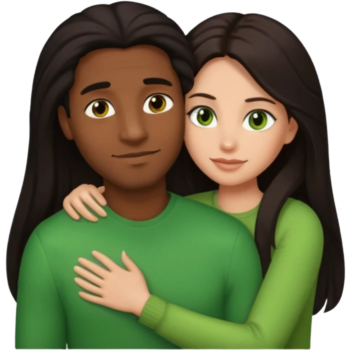 black man with brown eyes and woman with long dark hair, green eyes, and light skin in a warm hug, emoji style emoji
