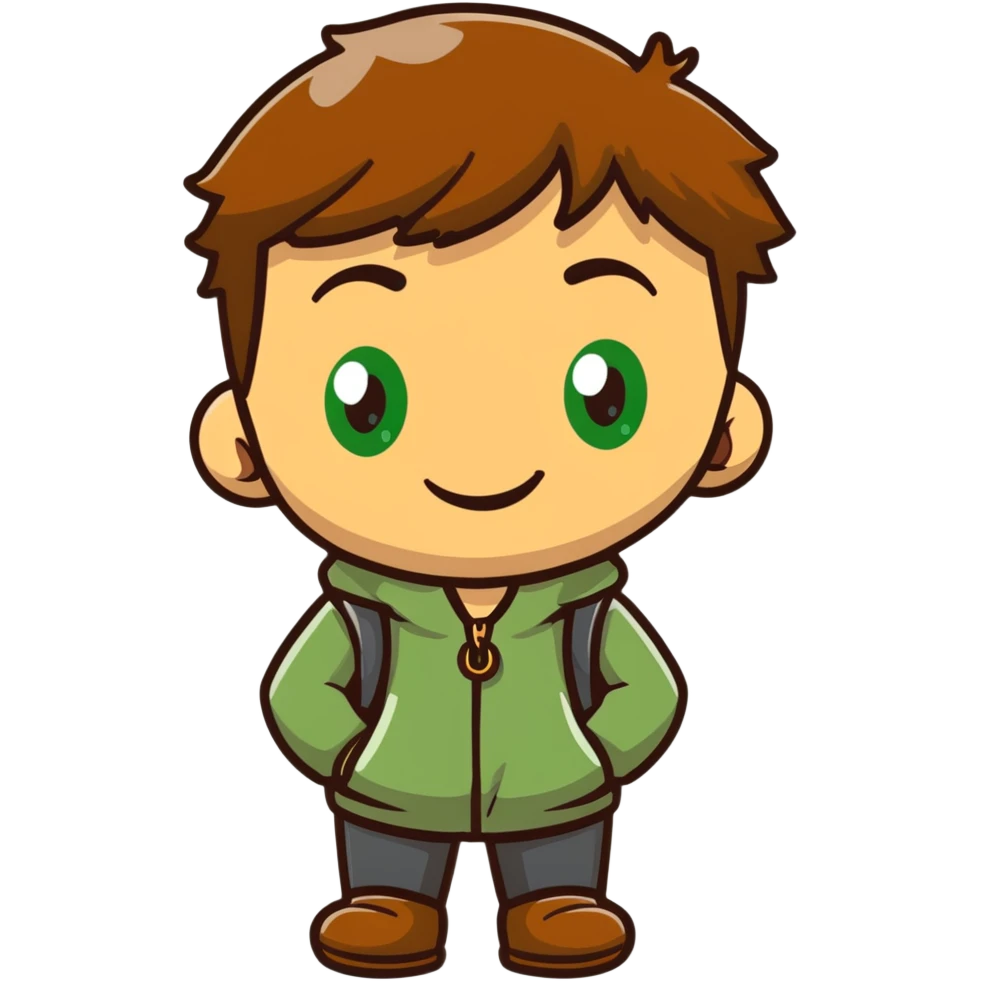Rudeus Greyrat smiling warmly, green eyes, short brown hair, wearing travel clothes, friendly and kind expression emoji