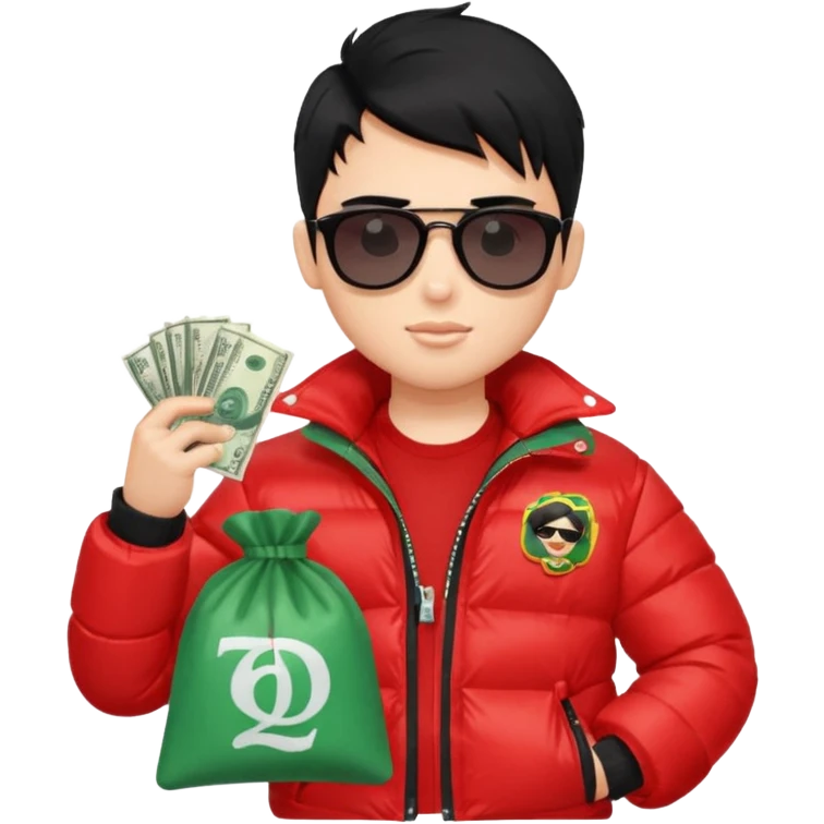 a pretty bratz boy with black hair, holding a bag of money, sunglasses on, red puffer jacket emoji