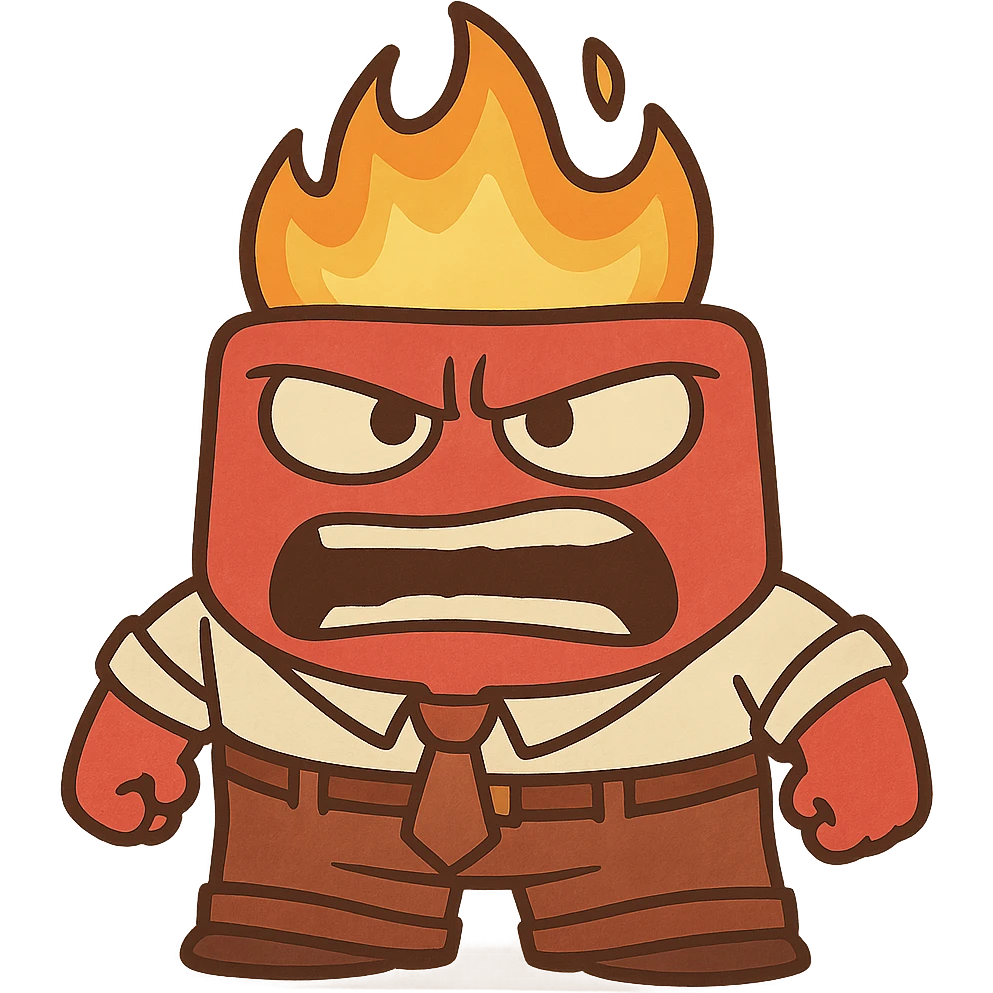 Anger character, red, short and square, white shirt, brown pants, flames for hair, expressive cartoon emoji