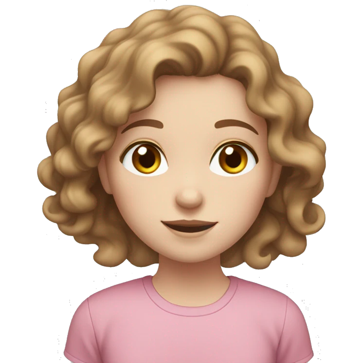 Pale white girl with brown wavy hair, freckles, brown eyes and a pink shirt.  emoji