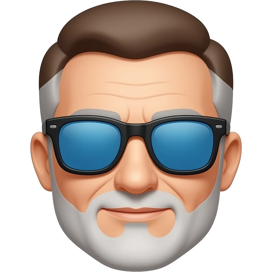 Hombre 63 años pelo muy corto por los lados marrón con canas gafas de sol cristales azules azules que no se vean  los ojos con montura negra y barba blanca muy muy corta emoji