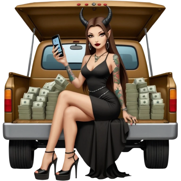 Sensual queen long brown straight haired mafia woman with black shiny platform high heels on her feet,  and black devil horns on her head, tattoos on arms , holding a stack of cash, has a phone in other hand. Sitting on a large big new model F350 pickup truck  long black dress with sexy butt emoji