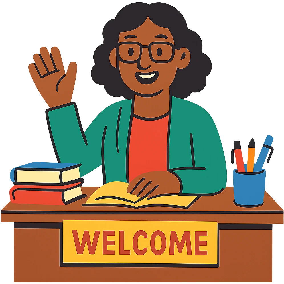 teacher at desk, welcoming, approachable emoji