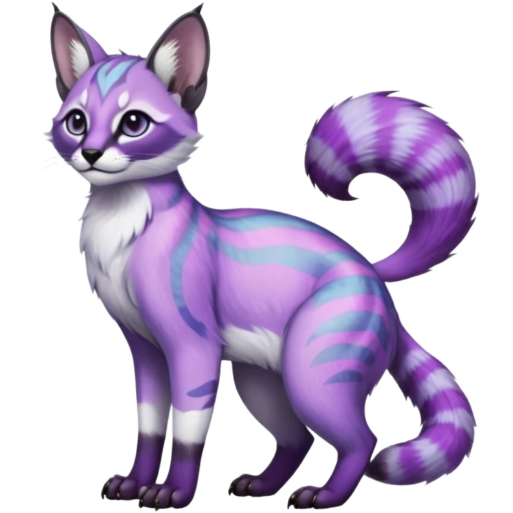 Colorful dark tropical pastel-lilac-lavender-violet iridescent pastel white glorious divine exotic cute cool beautiful shiny beautiful fantasy-caracal-civet-genet-sergal-vernid-Cacomistle-oncilla-animal-Fakémon-hybrid-fursona (full body) emoji