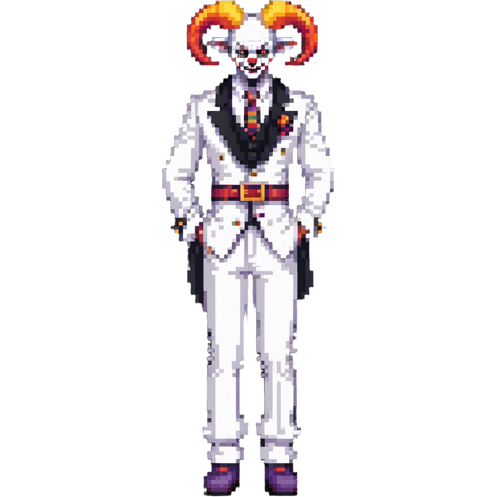 full-body demonic clown in a white leisure suit with bellbottom pants, bald, with black ram horns, flashy belt, ruffled shirt, no neck tie emoji