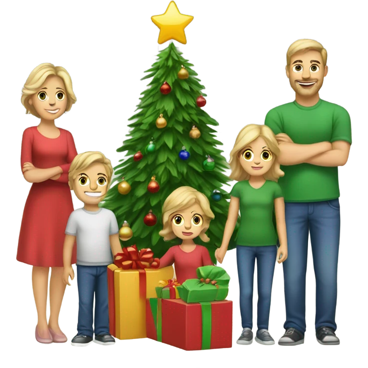 Caucasian Family of 8 Christmas tree and presents  emoji
