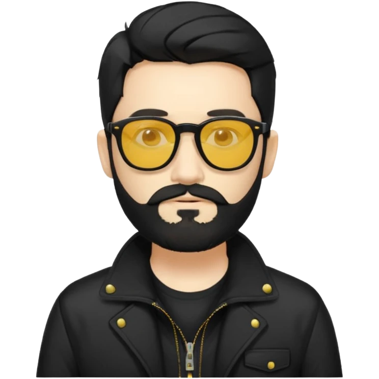 A man White middle long middle part black hair sunglasses with yellowish glasses And black jacket. Hipster black beard emoji