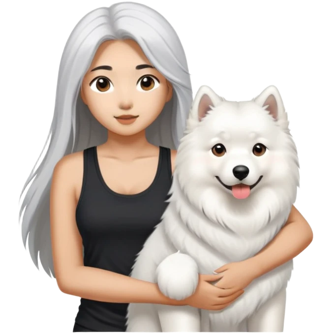  asiatic girl in the black tank top with long gray  hair and a samoyed emoji
