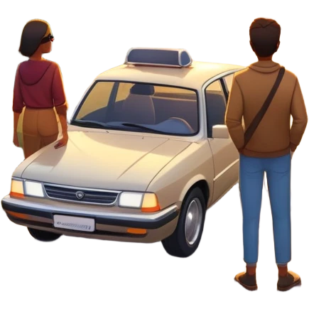 A parked car sits quietly on the side of an open road, facing a breathtaking sunset. Two people stand outside, backs turned, watching the horizon. The road stretches endlessly ahead, surrounded by a peaceful, glowing landscape full of light, warmth, and possibilit emoji