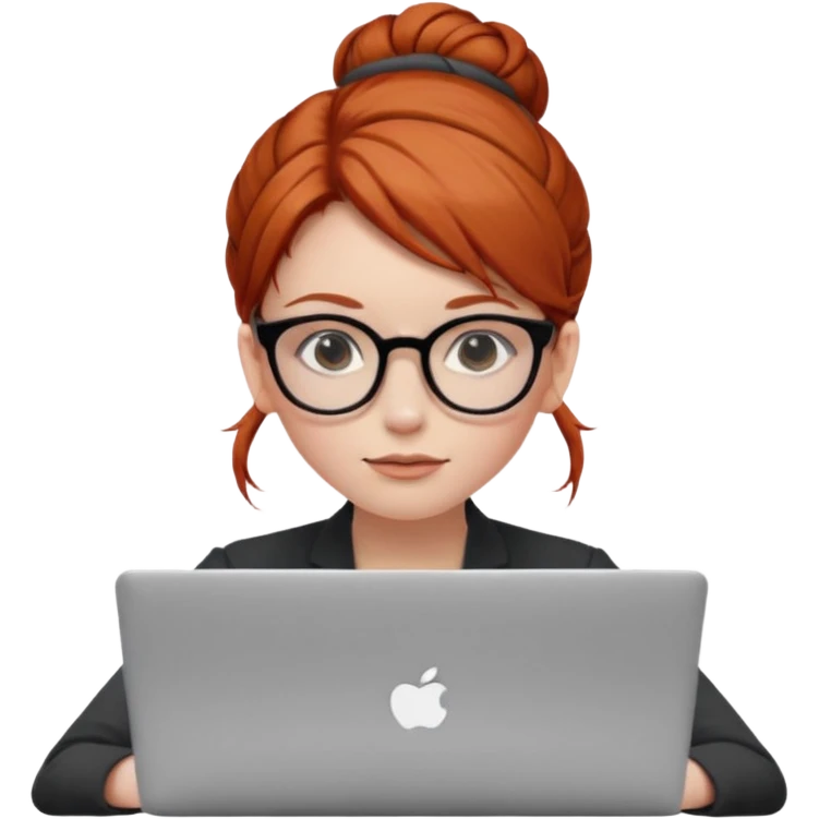 hair in a bun redhead female with glasses focused on a laptop emoji
