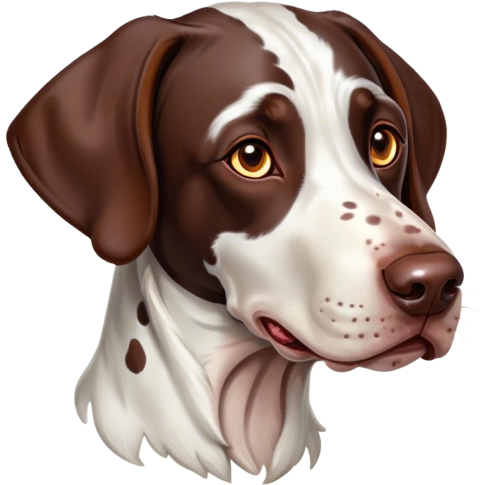 Cinematic Comical German Pointer Portrait Emoji, Head tilted dramatically with an exaggeratedly amused expression, featuring a striking liver and white coat with bold markings, wide, expressive brown eyes filled with playful disbelief, Simplified yet hilariously expressive features, highly detailed, glowing with a slightly sassy glow, high shine, dramatic yet playful, stylized with an air of cheeky charm, bright and endearing, soft glowing outline, capturing the essence of a spirited and over-the-top companion, so meme-worthy it feels like it could side-eye its way into internet fame instantly! emoji
