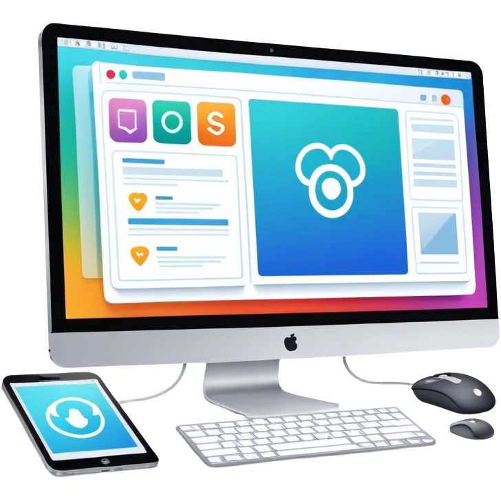 Modern icon for Web Design: computer screen with a website layout, design tools like a mouse and a stilus, web elements such as icons and wireframes. Transparent background. emoji