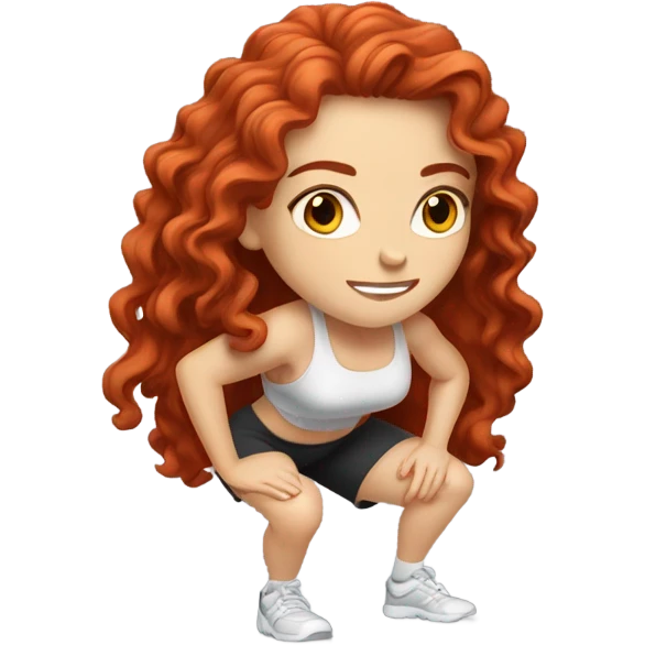 Sporty white Girl coach with long curly red hair doing squat with heavy weights emoji