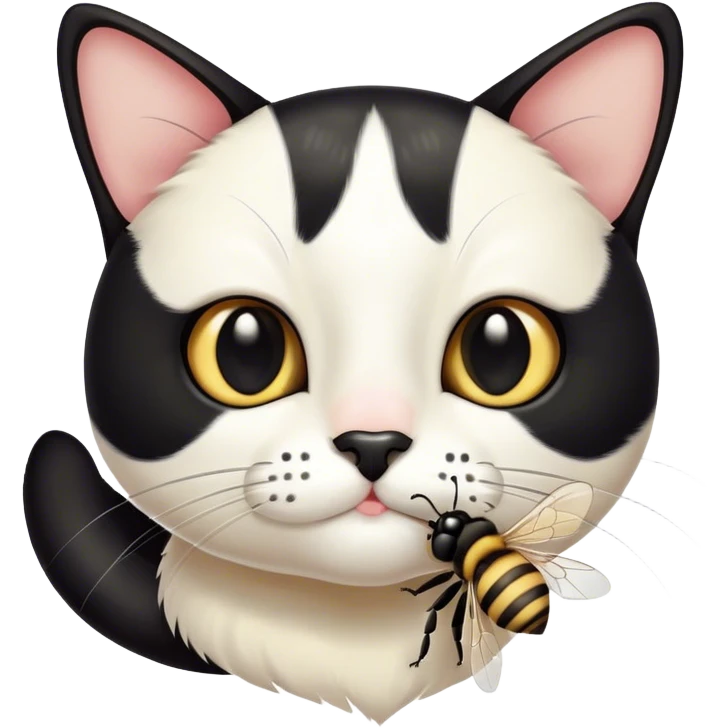 I would like to generate an emoji with a tuxedo cat that has a black spot on their noses and it catches a bee emoji