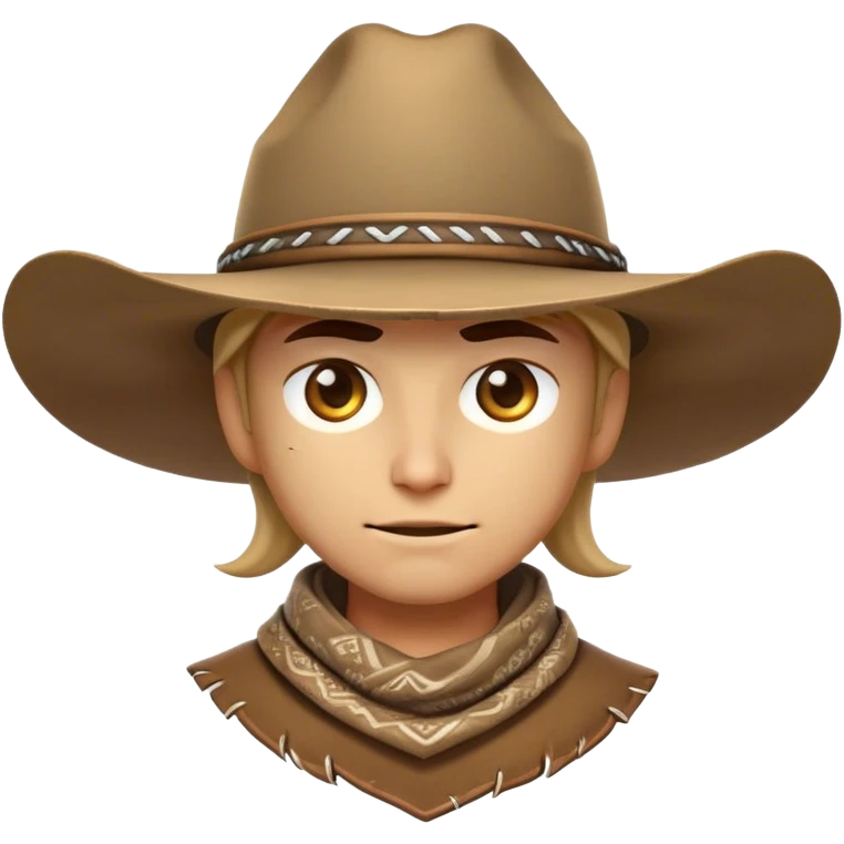 Clash of Clans aesthetic friendly Cowboy Portrait Emoji, With a rugged yet stylized build wearing a classic wide-brimmed hat and bandana, his face rendered in a natural skin tone (not yellow), determined eyes and a steely gaze, Simplified yet dynamic features, highly detailed, glowing with a warm, sunlit frontier radiance, high shine, brave and spirited, stylized with an air of Wild West heroism, focused and ready, soft glowing outline, capturing the essence of a fearless cowboy adventurer ready to ride into epic quests! emoji