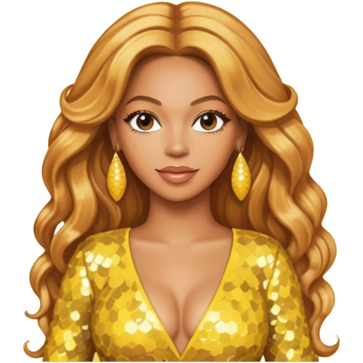 Beyonce with long strawberry blonde hair, yellow sequin outfit and earrings  emoji