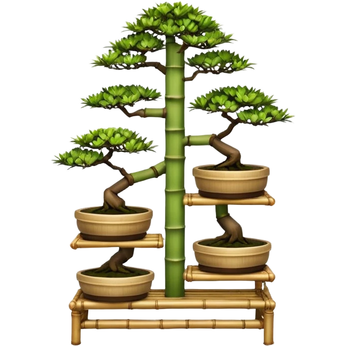 Three tiered bonsai planters stand, shelving holding six specimens,frame made of one inch thick bamboo  emoji