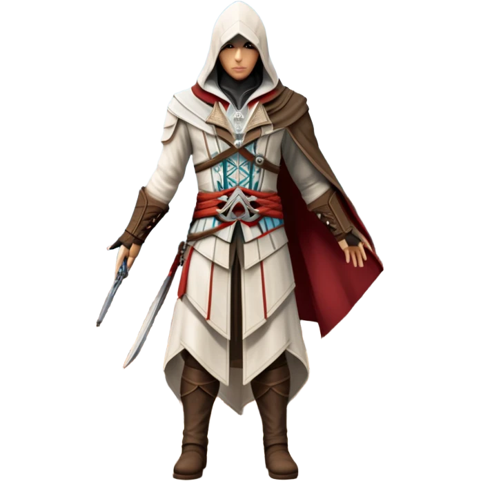 icon featuring Assasin's Creed in an iconic assassin's hood, standing tall against the backdrop of Florence. The design captures the essence of adventure, with intricate details of historical architecture and a sense of mystery. The character is poised, ready for action. transparent background. emoji