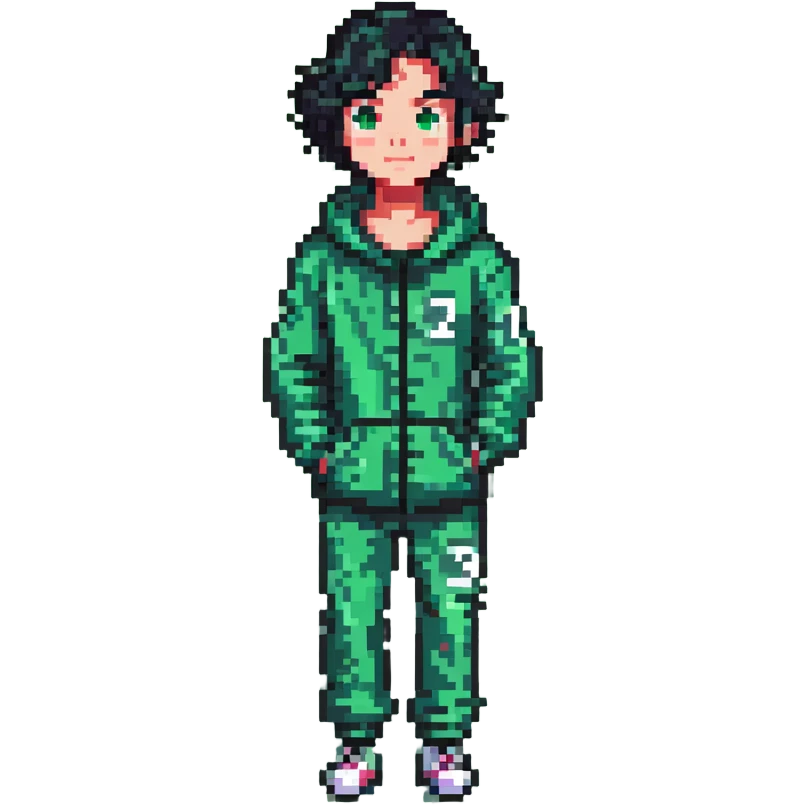 male character in a green Squid Game tracksuit with number 333, smirking, sharp black eyes, messy short black hair, slight stubble, flipping a coin, mysterious and strategic expression, pixel art style emoji