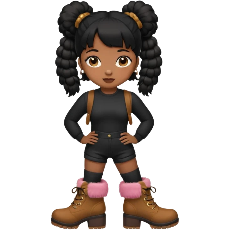 A brown skin girl thats slim and thick body with black hair into two puffy pigtails  and wears all black outfit with brown furry boots  emoji