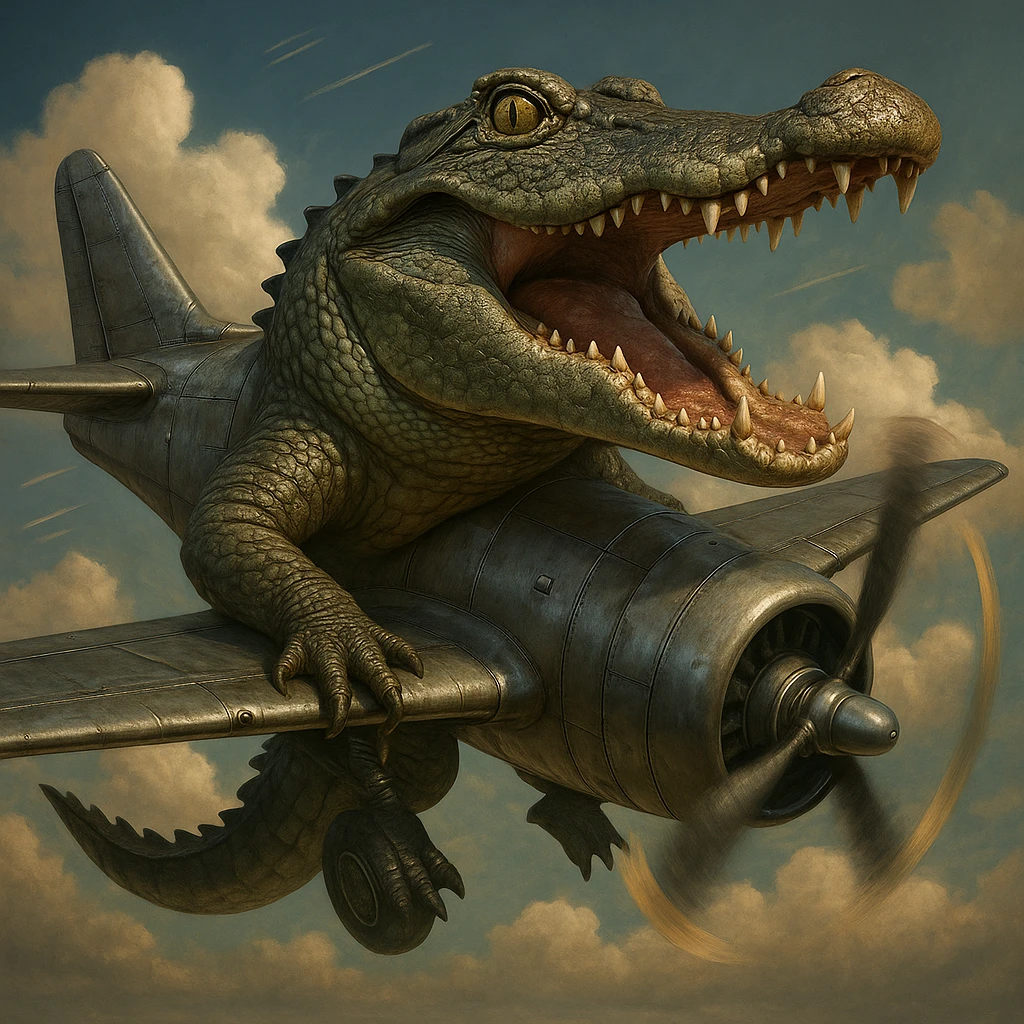 Make this crocodile with bomber plane wings and propellers realistic with lifelike crocodile, metallic plane parts, detailed textures, and photorealistic style. emoji