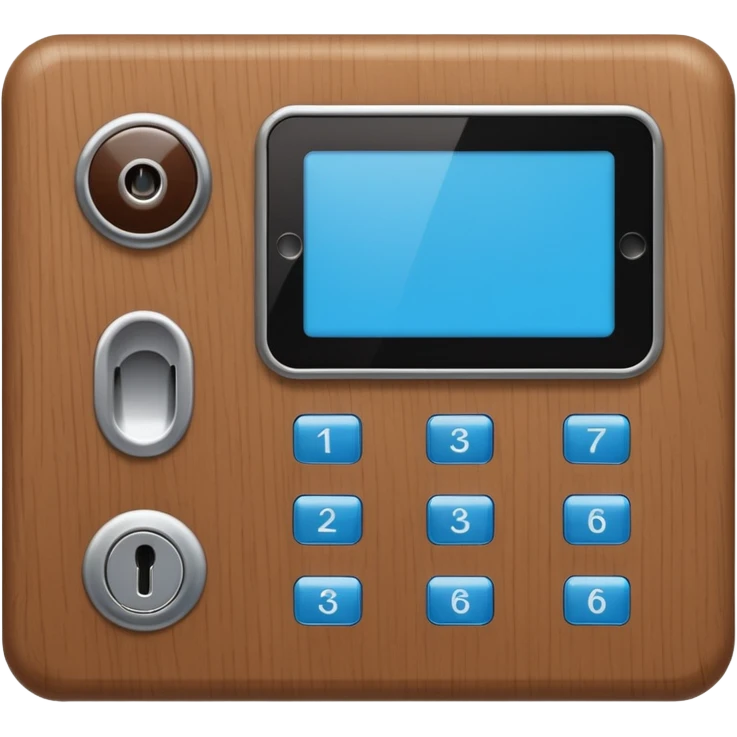 wooden rectangle keypad with a blue small screen and a door holder emoji