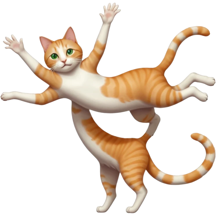 ginger and white cat with green eyes doing a big extremely long stretch reaching up into the air with arms and legs side by side together straight and overextended whilst lying on its side emoji