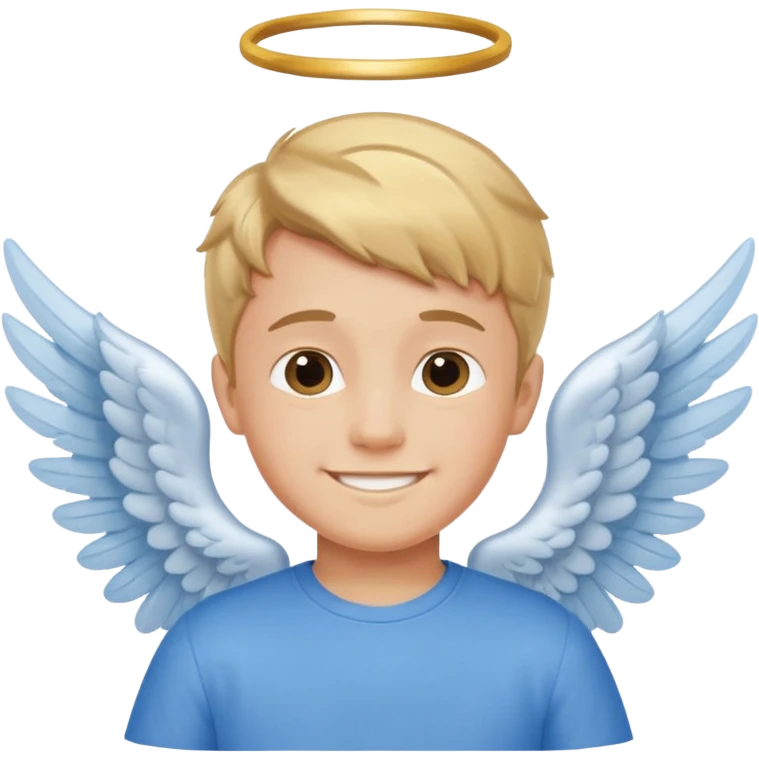 smiling boy in blue shirt with angel wings emoji