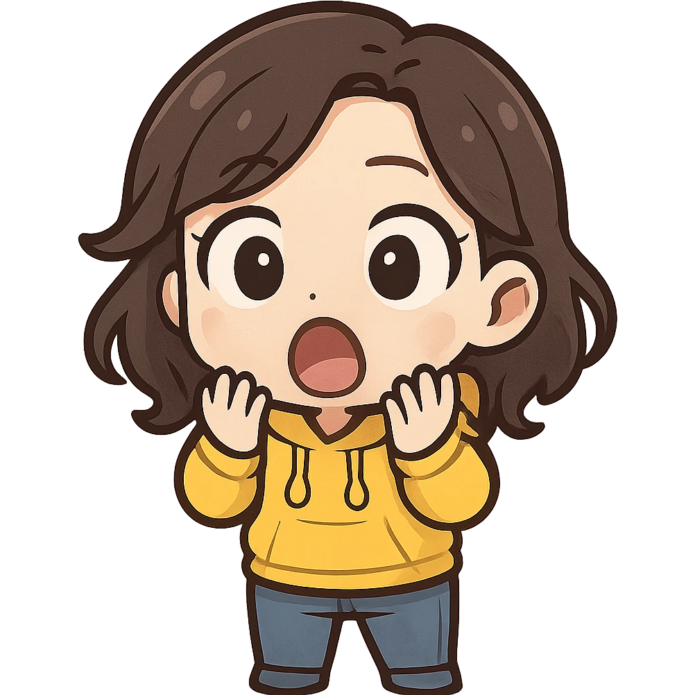 chibi emote of a woman in a yellow hoodie and jeans, surprised shocked expression, no headband, no sparkles, no wand, transparent background emoji