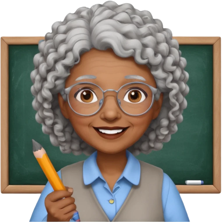 old woman teacher, brown skin, curly grey white hai, wearing glasses, hold chalk on hand emoji