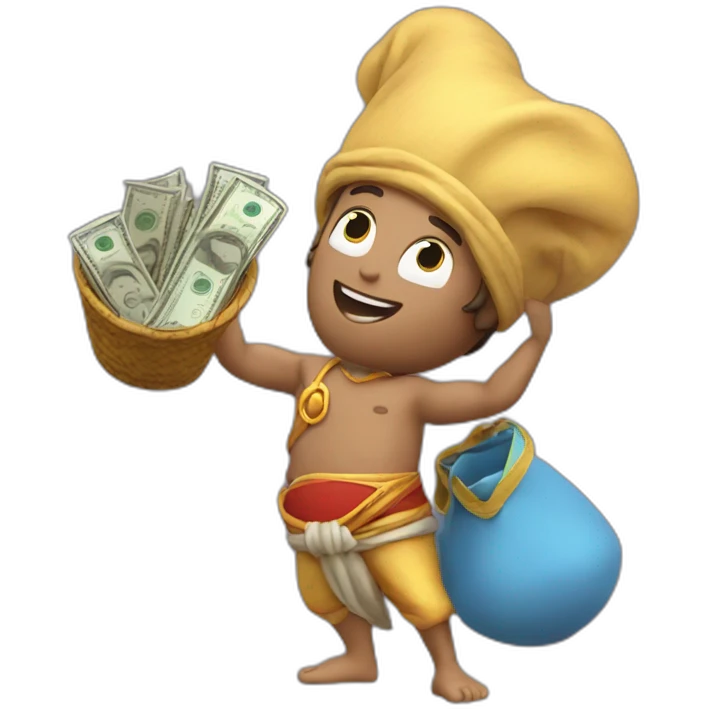 genie on the rocket holding the big sack of money 4k emoji